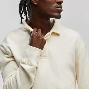 Mode of One Mens Relaxed Fit French Terry Polo Shirt Soft Vanilla Small NEW